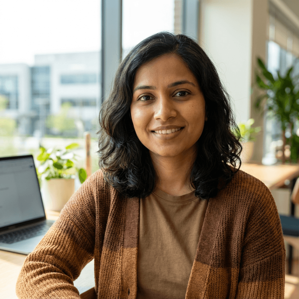 Priya S. in professional attire at a desk