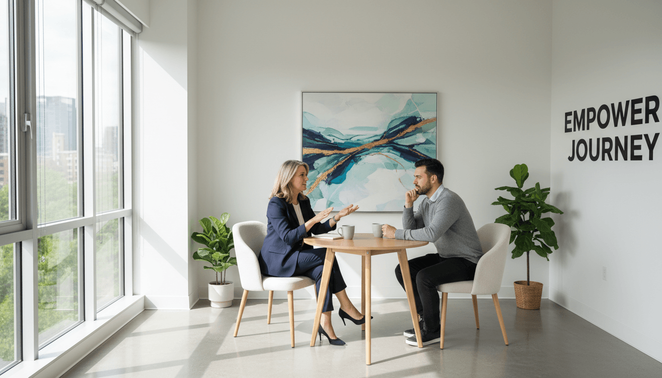 Life coach talking with client in a bright modern office, both sitting and engaged in conversation