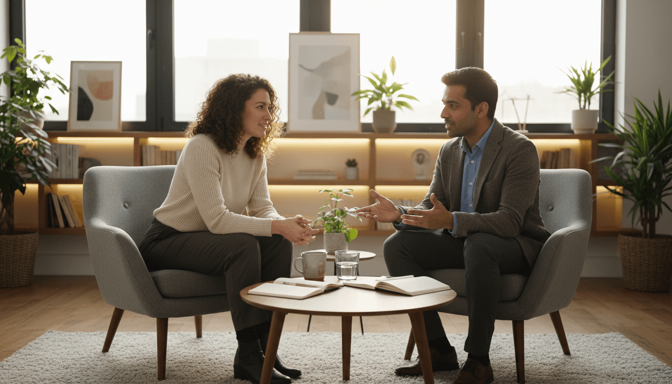Life coach talking with a client in a bright modern office
